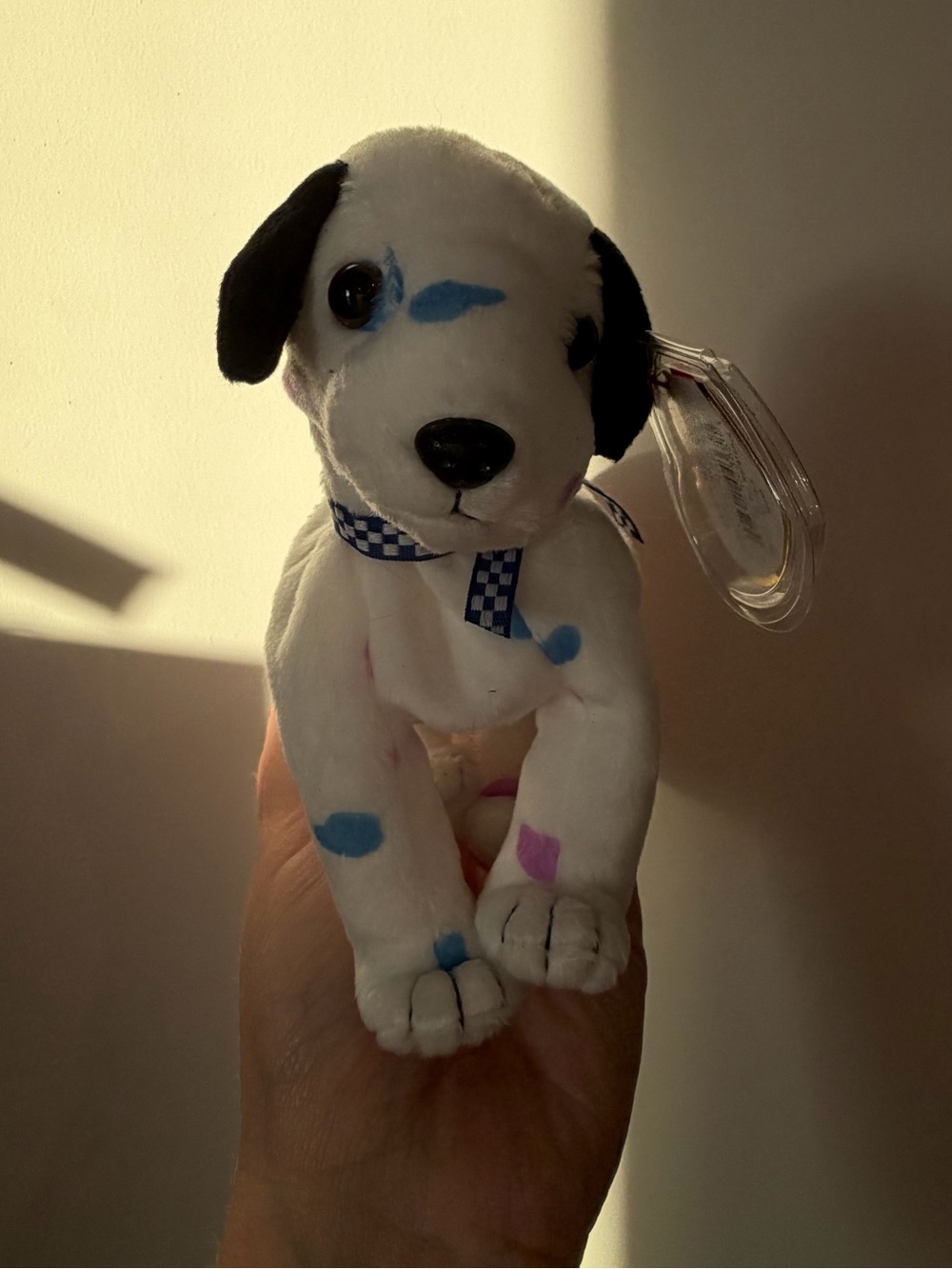 Ty “Dizzy” Beanie Baby White Plush Puppy with Black Ears and Polka Dots 2001